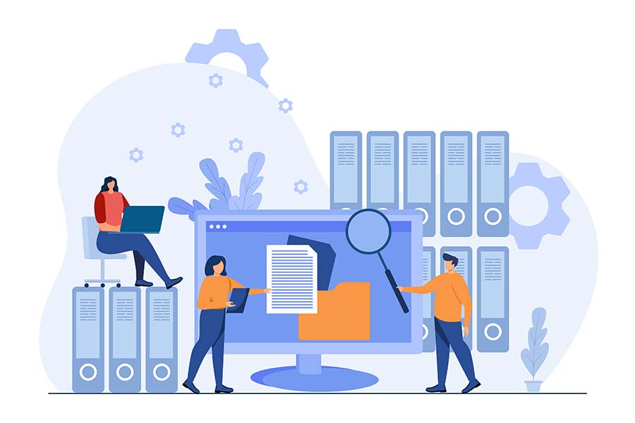 Illustration of people managing digital files and folders on a computer screen and binders.